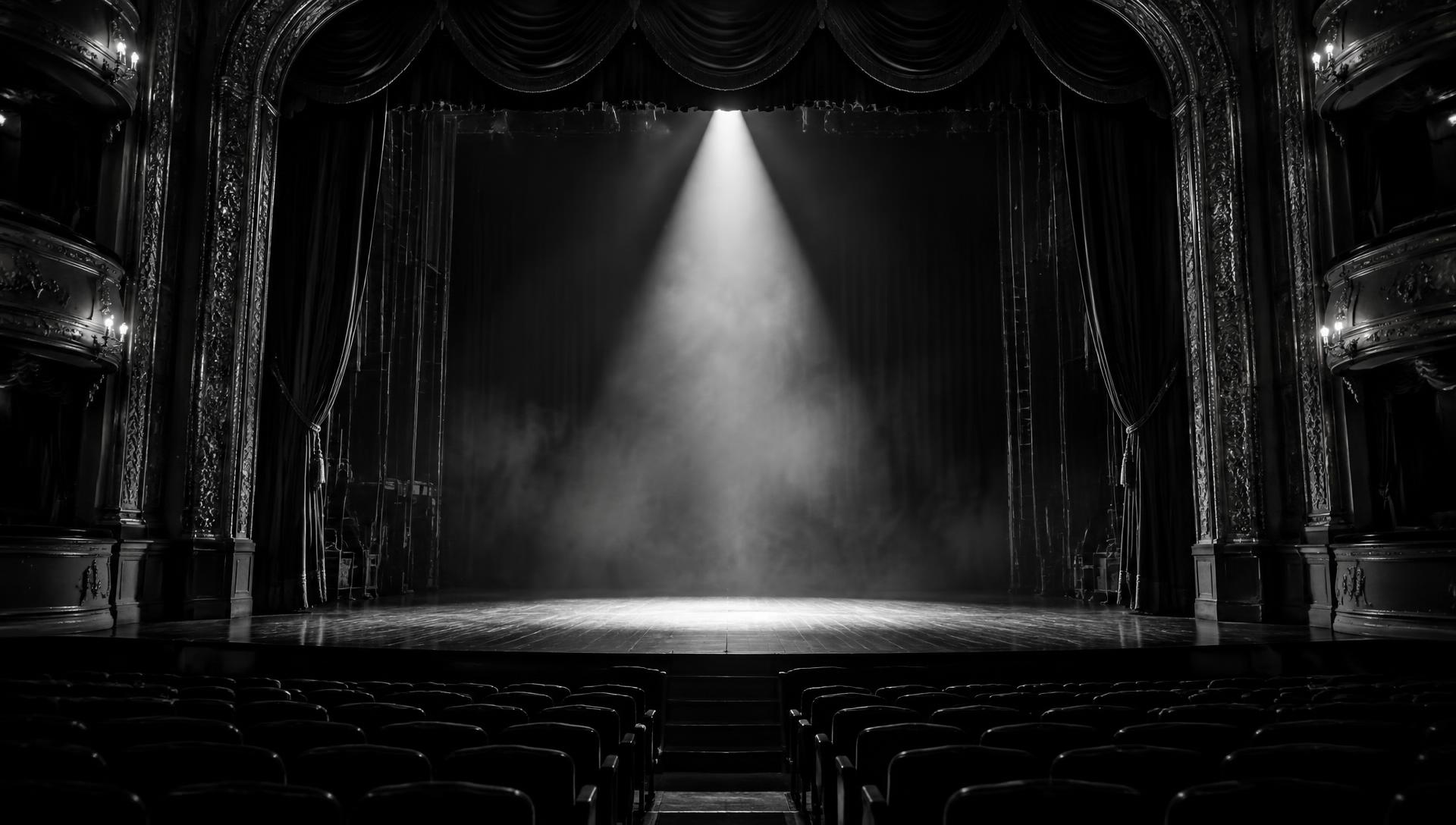 An empty Broadway theatre stage illuminated by a single spotlight